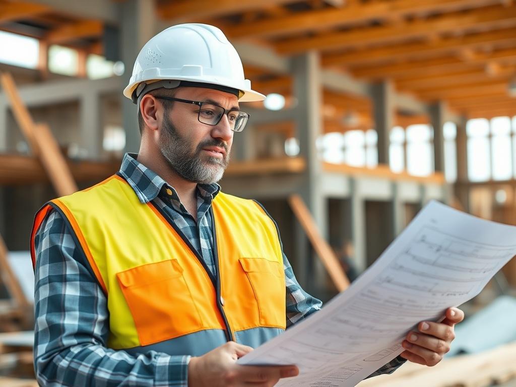 A highly detailed, hyper-realistic close-up of a construction manager reviewing blueprints on a job site. The manager is wearing a hard hat and safety vest, surrounded by construction materials like wood and metal beams. The background features a partially constructed building, capturing the essence of a busy construction site. The focus is sharp on the manager, with a blurred background that highlights the construction environment. The lighting is bright, showcasing the textures and colors of the materials