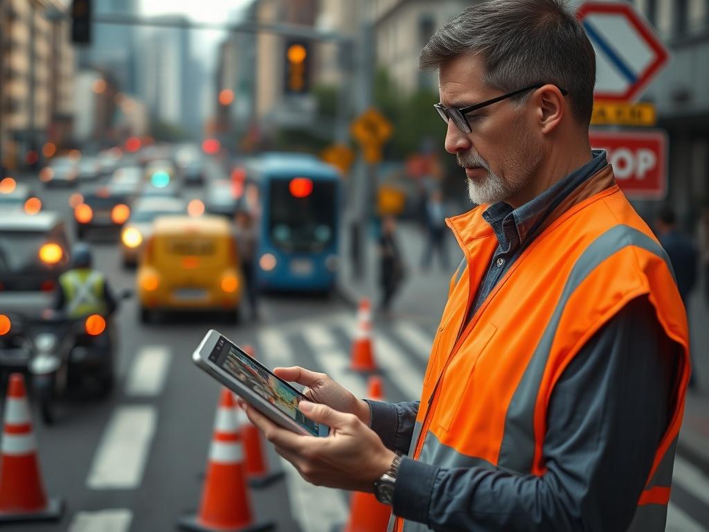 A realistic high-resolution photo of a traffic management expert analyzing traffic patterns on a digital tablet. The background shows a busy urban street with vehicles and pedestrians. The expert is focused and wearing a reflective safety vest, surrounded by traffic signs and cones. The composition should highlight the expert and the tablet, capturing the essence of traffic management.
