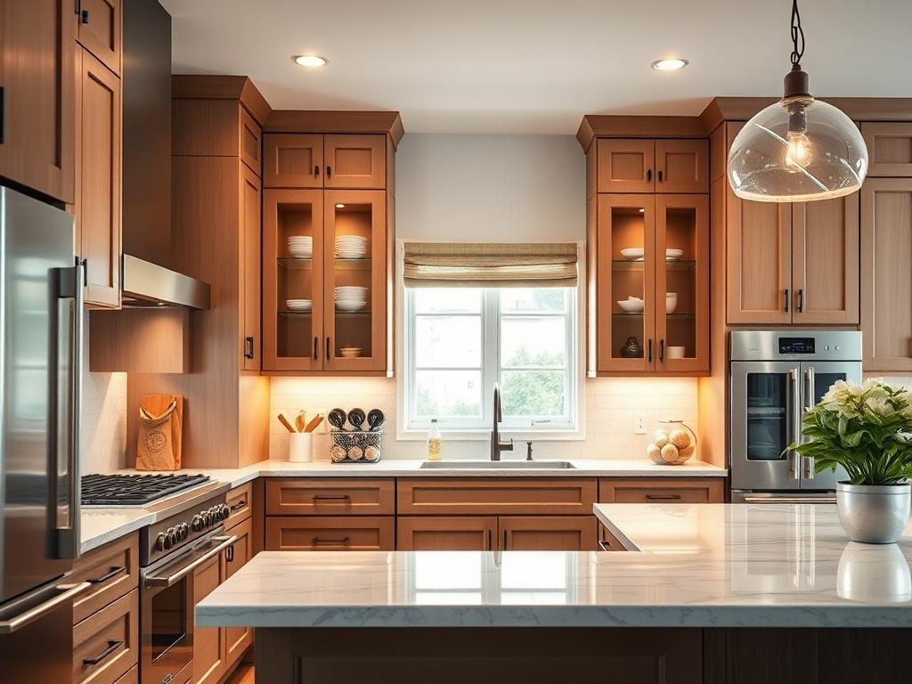 A beautifully renovated kitchen showcasing modern design elements, with bright lighting and high-end appliances. The focus is on elegant cabinetry and a spacious layout. The kitchen should appear inviting and functional, emphasizing craftsmanship. The background should be softly blurred to keep the attention on the kitchen.
