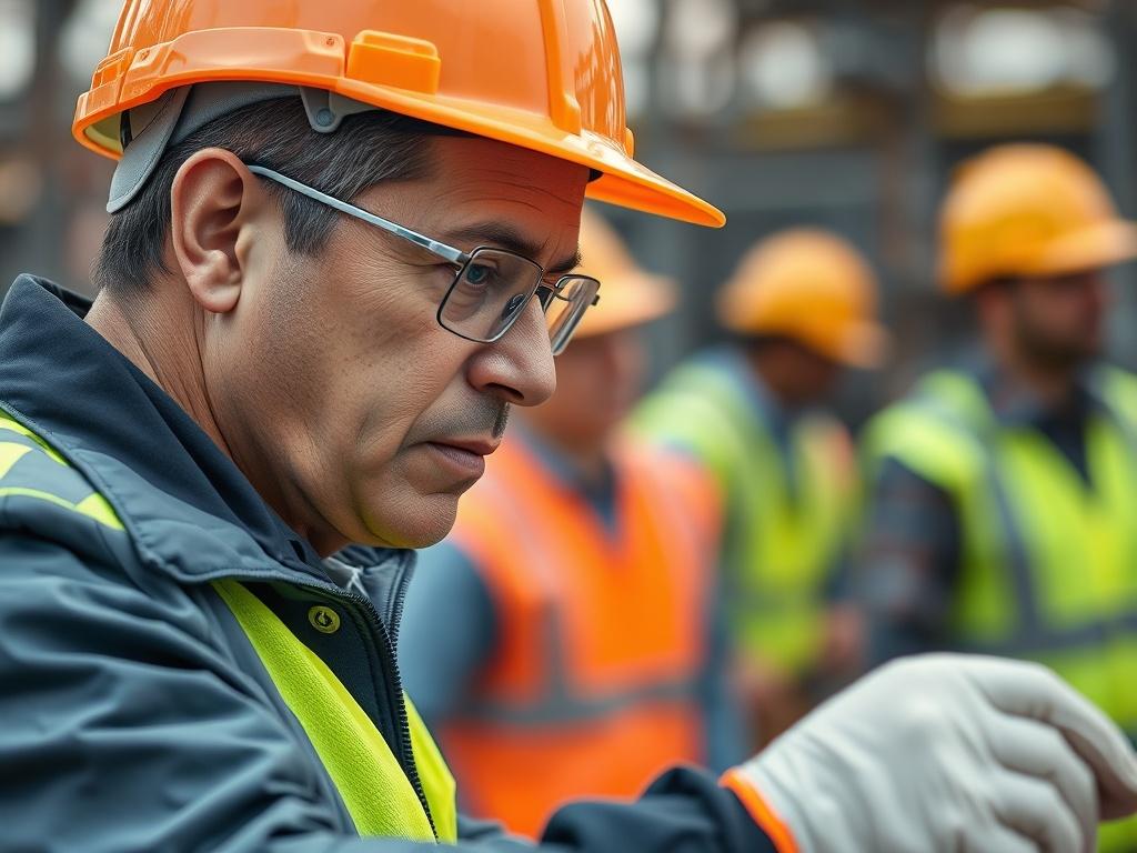 An inspector examining construction work on-site, checking safety standards and quality. The image should capture the inspector's focused expression as they assess the work, with construction workers in the background. The setting should reflect a professional and safety-conscious environment.