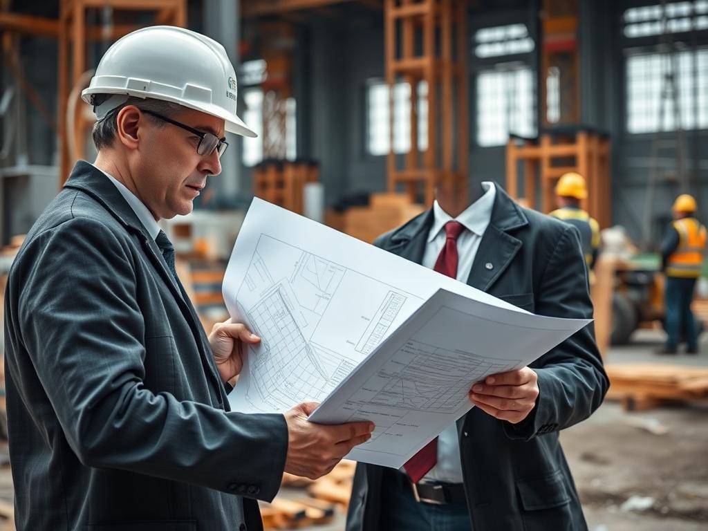 A project manager reviewing blueprints on a construction site, with workers in the background. The scene should convey a sense of leadership and oversight, featuring construction equipment and materials around. The focus is on the project manager, demonstrating professionalism and expertise.