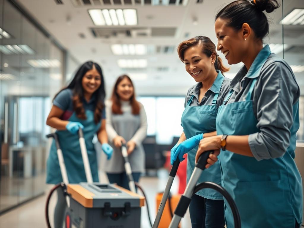 A realistic high-resolution photo capturing a professional cleaning team in action within a commercial space. The composition should focus on a diverse group of cleaners using commercial cleaning equipment, such as vacuum cleaners and mops, while smiling and engaging with each other. The background should showcase a clean and well-maintained office or retail environment, emphasizing the quality of service. The lighting should be bright and inviting, highlighting the cleanliness and professionalism of the te