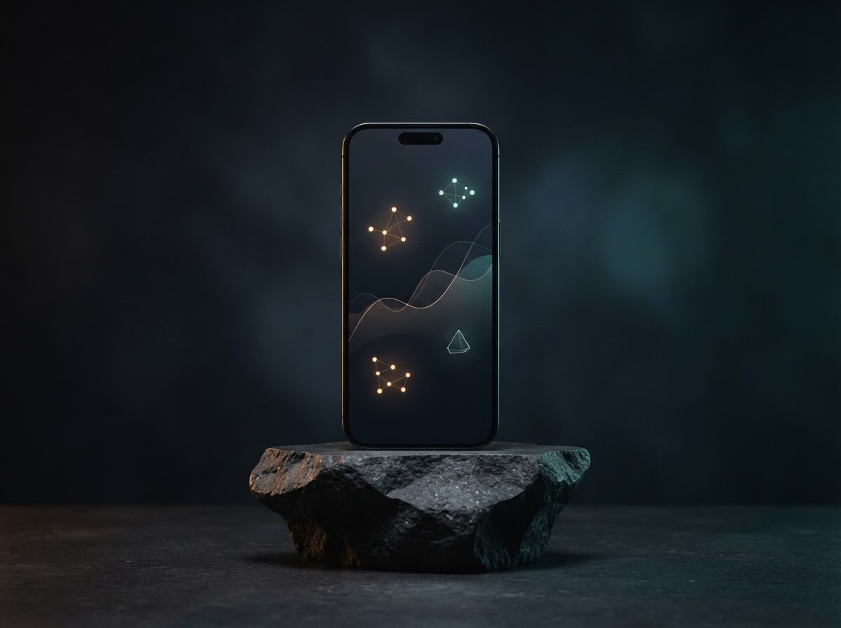 A smartphone with an abstract wallet interface in a softly lit, dark studio