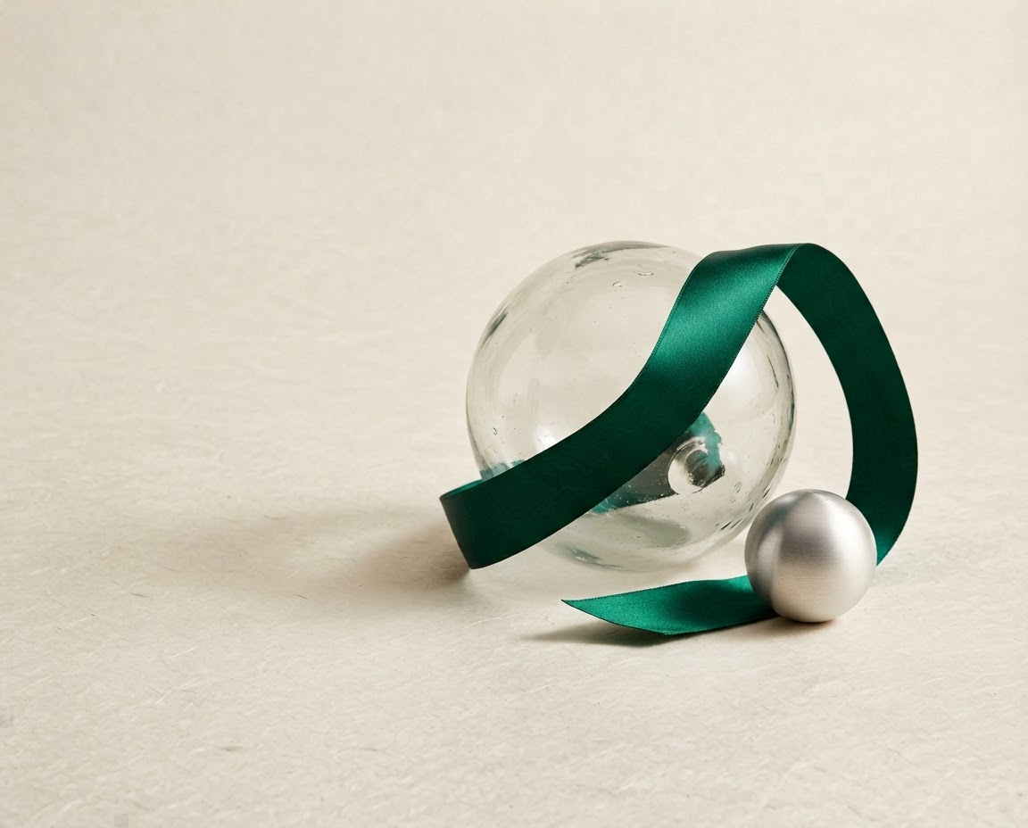 Sculptural glass sphere and emerald ribbon representing growth and possibility