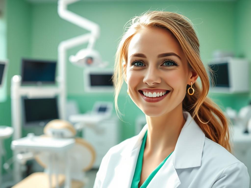 A close-up shot of a confident female dentist in a white coat, smiling warmly at the camera in a dental clinic setting. The background features dental equipment and a clean, inviting environment. Natural light illuminates the scene, enhancing the dentist's friendly demeanor. The image should have vibrant green accents to reflect the primary color rgb(50, 170, 39). Shot with a 45mm f/1.2 lens for a hyper-realistic effect.