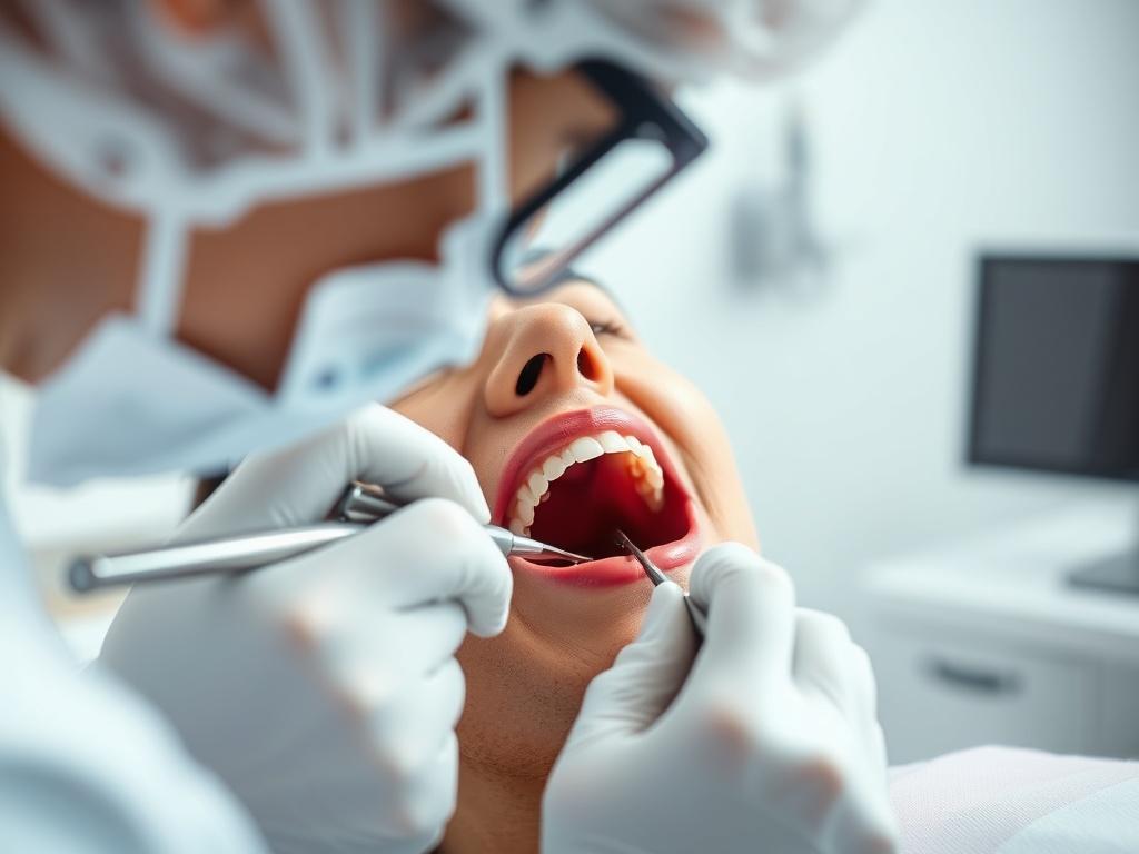 A close-up shot of a dental professional performing a periodontal examination on a patient in a modern dental clinic. The setting is bright and clean, with a focus on the dental tools and the patient's mouth. The background is minimalistic, emphasizing the dental professional's careful attention to detail. The image should capture the professionalism and care of the dental practice, with a hyper-realistic quality that highlights the textures and colors in the scene.