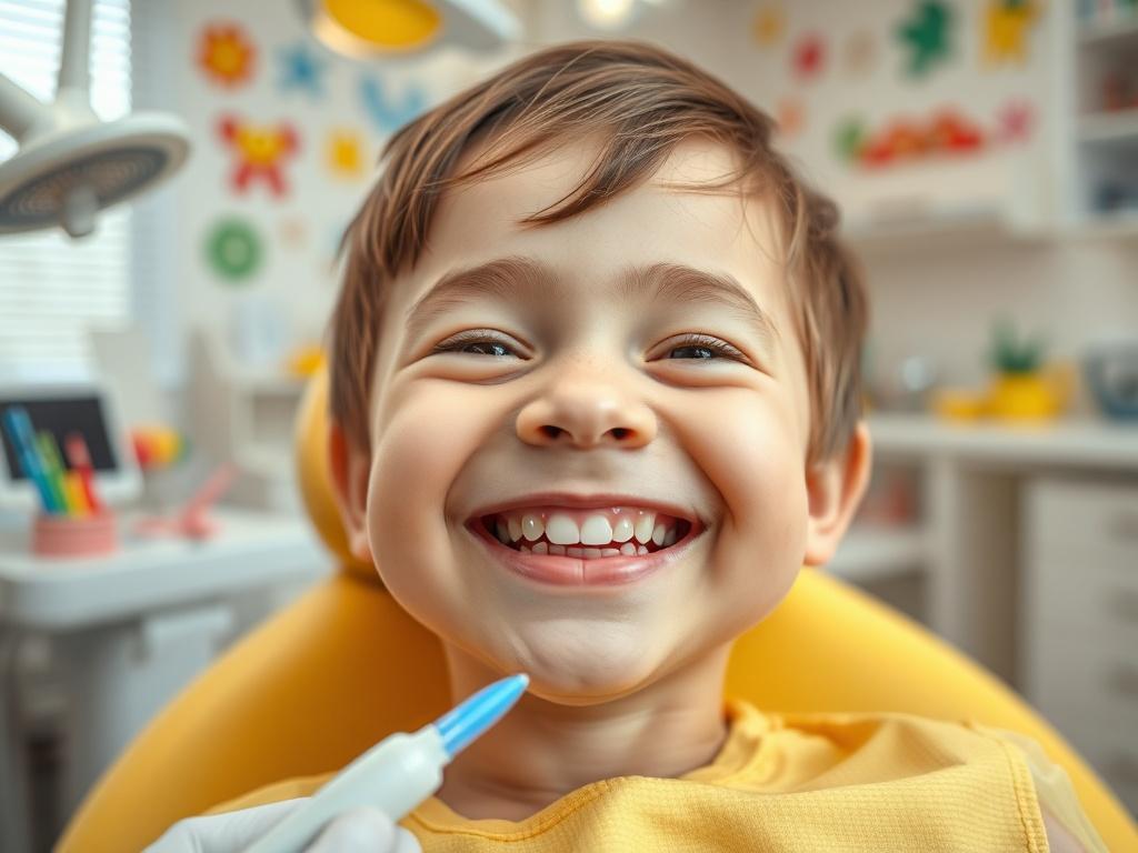 A close-up shot of a young child smiling in a dental chair, surrounded by colorful dental tools and friendly dental staff. The background should be bright and cheerful, with playful decorations to create a welcoming atmosphere. The image should focus on the child's happy expression, showcasing a positive dental experience. Shot with a 45mm f/1.2 lens for a hyper-realistic effect.