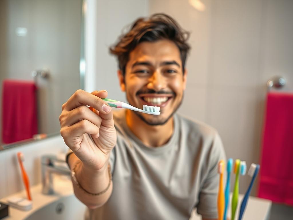 Create a realistic high-resolution image for a blog titled "Brushing Techniques for Adults and Kids." The composition should feature a single, clear subject: a smiling adult holding a toothbrush with an animated and friendly expression, demonstrating effective brushing techniques. The adult should be portrayed in a well-lit bathroom setting with bright, inviting colors that evoke a family-oriented atmosphere. 

Ensure the adult is situated at the center of the frame, showcasing the toothbrush held at an ang