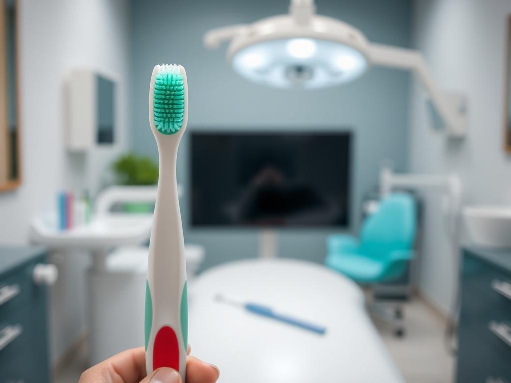 Generate a realistic, high-resolution photo that visually represents the importance of oral hygiene, showcasing the core values of Dr Sahi's Dentistry. The composition should feature a single subject: a bright, clean toothbrush with soft bristles, positioned prominently in the center of the frame. The toothbrush should be held upright against a soft-focus backdrop of a modern dental office, encompassing dental tools and equipment blurred in the background to convey a clinical yet welcoming atmosphere.

Ensu
