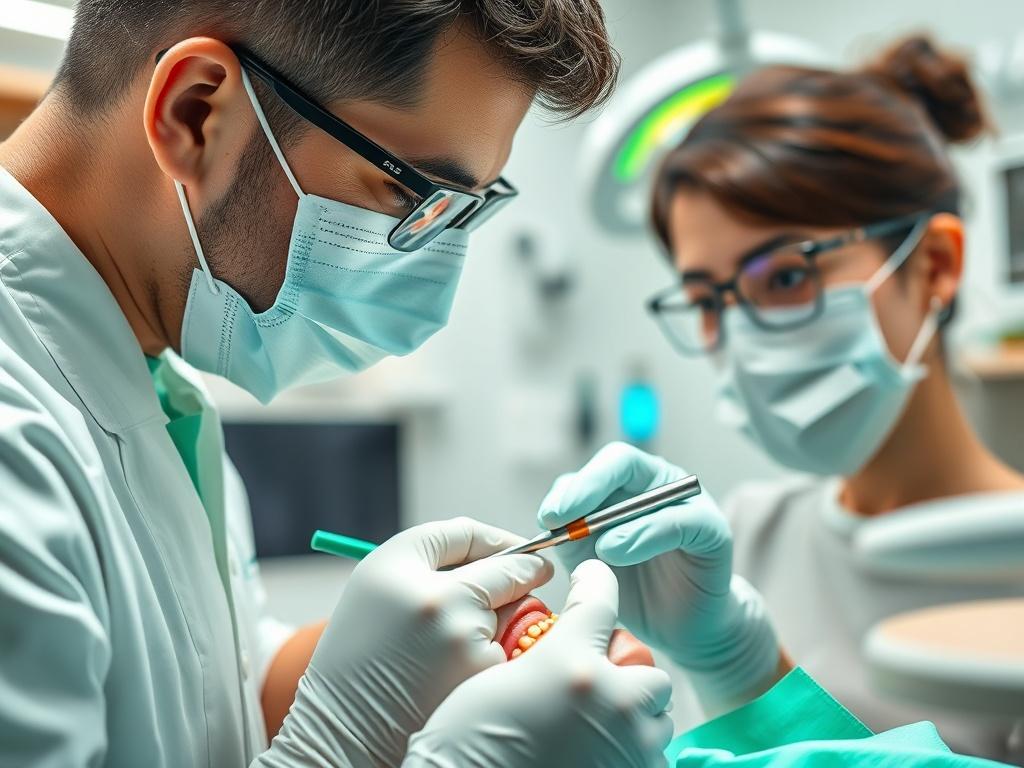 A close-up shot of a dentist examining a patient's teeth, showcasing dental tools and a bright, clean dental office background. The dentist is focused on the procedure, wearing a mask and gloves, with a warm and welcoming atmosphere. The image should be rendered in hyper-realistic style, capturing the details of the dental office with vibrant green accents to match the primary color rgb(50, 170, 39).