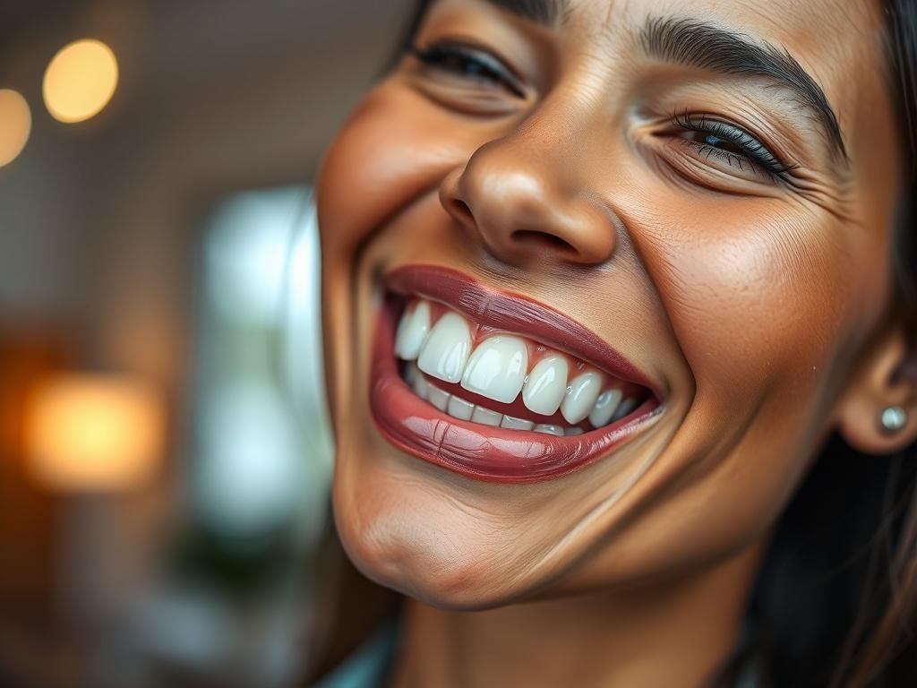 A close-up shot of a smiling adult patient showcasing their new dental prosthetic. The background is softly blurred to emphasize the patient's joyful expression. The focus is on the natural appearance of the prosthetic with a warm, inviting atmosphere. The image captures the essence of confidence and satisfaction, reflecting the quality care provided by Dr Sahi's Dentistry.