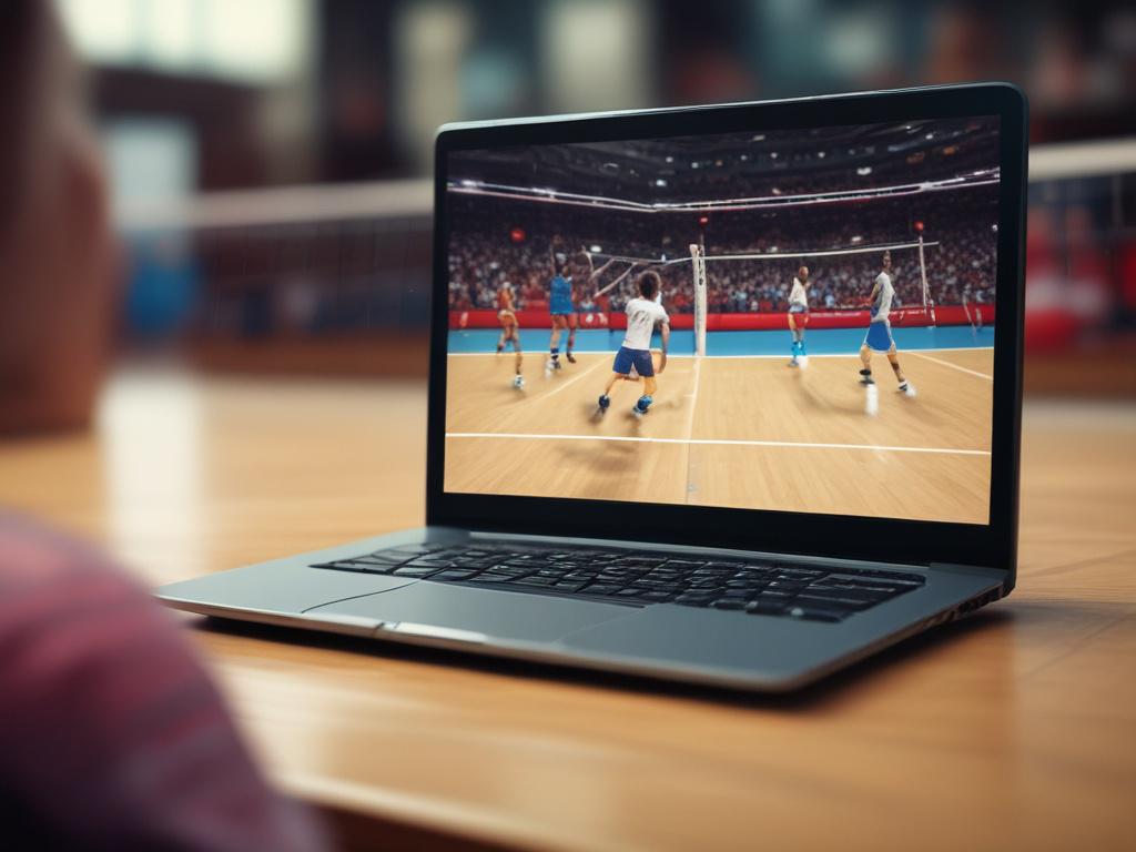 A close-up shot of a laptop displaying volleyball game footage. The focus is on the screen, highlighting specific plays, while the surroundings are softly blurred to create a professional and analytical atmosphere, shot with a 45mm f/1.2 lens.