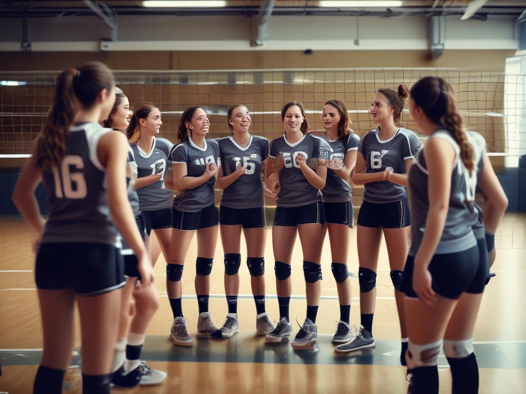 A close-up of a volleyball team huddled together, with a player passionately speaking and inspiring teammates. The setting is a gym, with volleyball equipment in the background. The expressions of the players show engagement and motivation, captured in bright, dynamic lighting.