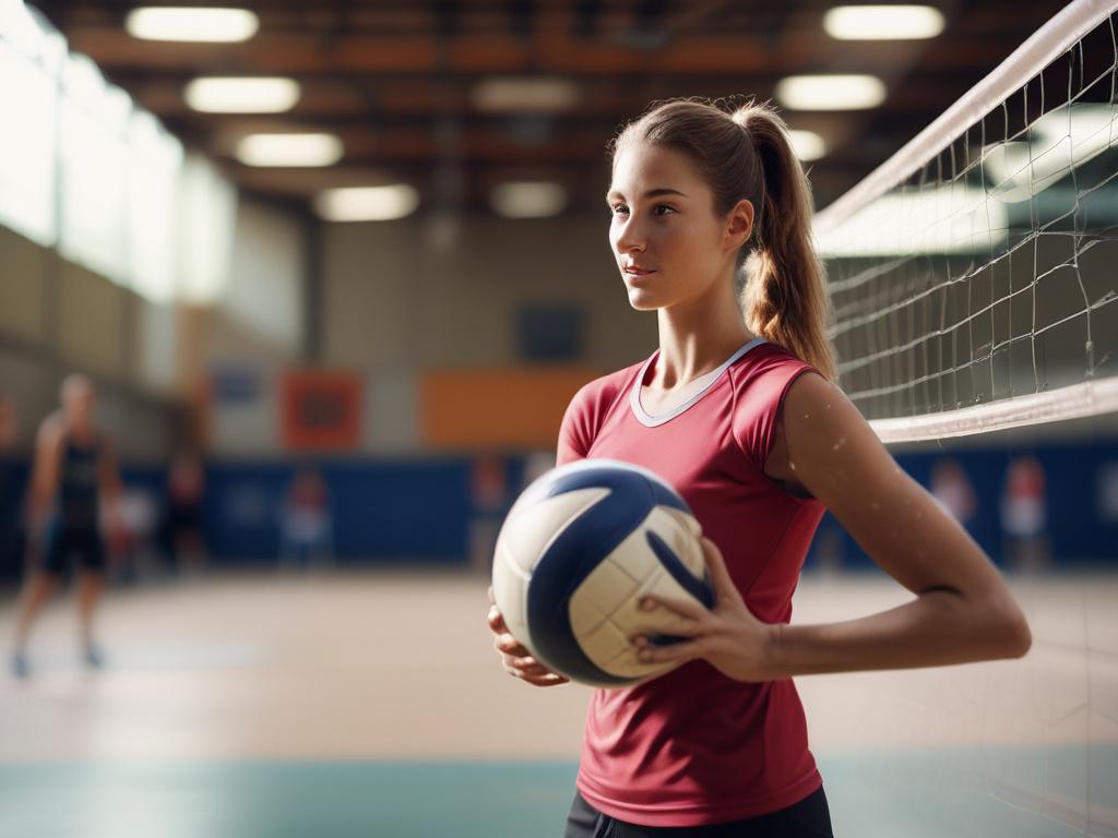 A close-up shot of a volleyball player practicing skills, holding a volleyball with determination in their eyes. The background is a blurred volleyball court, capturing the essence of dedication and focus. The lighting highlights the player's features and the texture of the volleyball, creating an inspiring scene.
