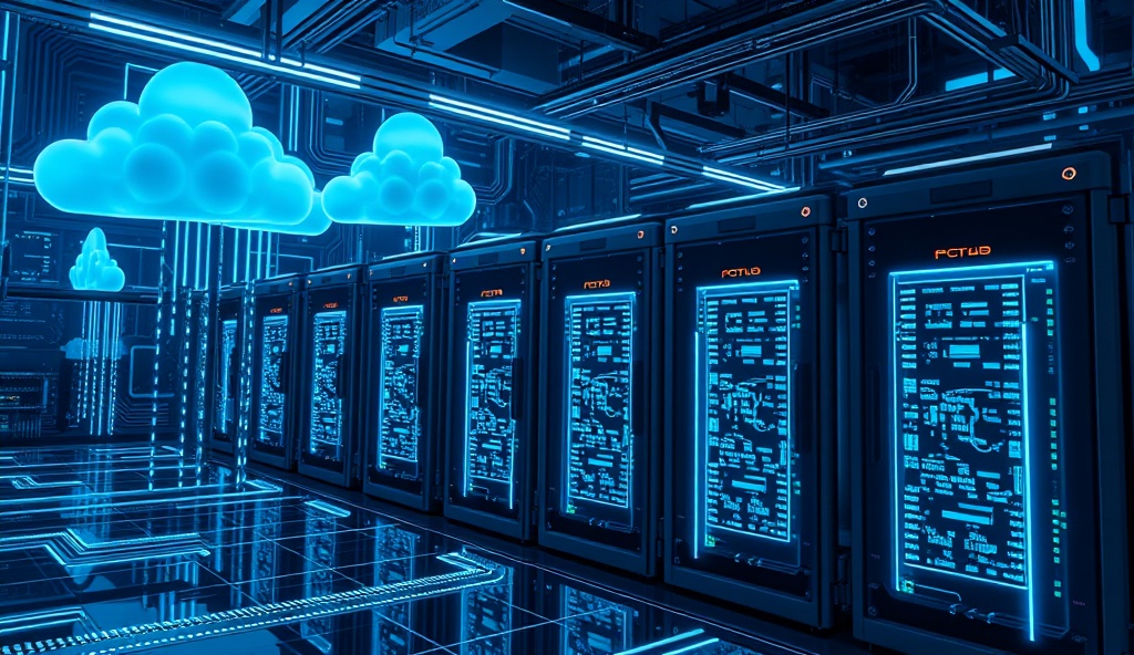 AI-driven cloud mining infrastructure with futuristic tech visualization