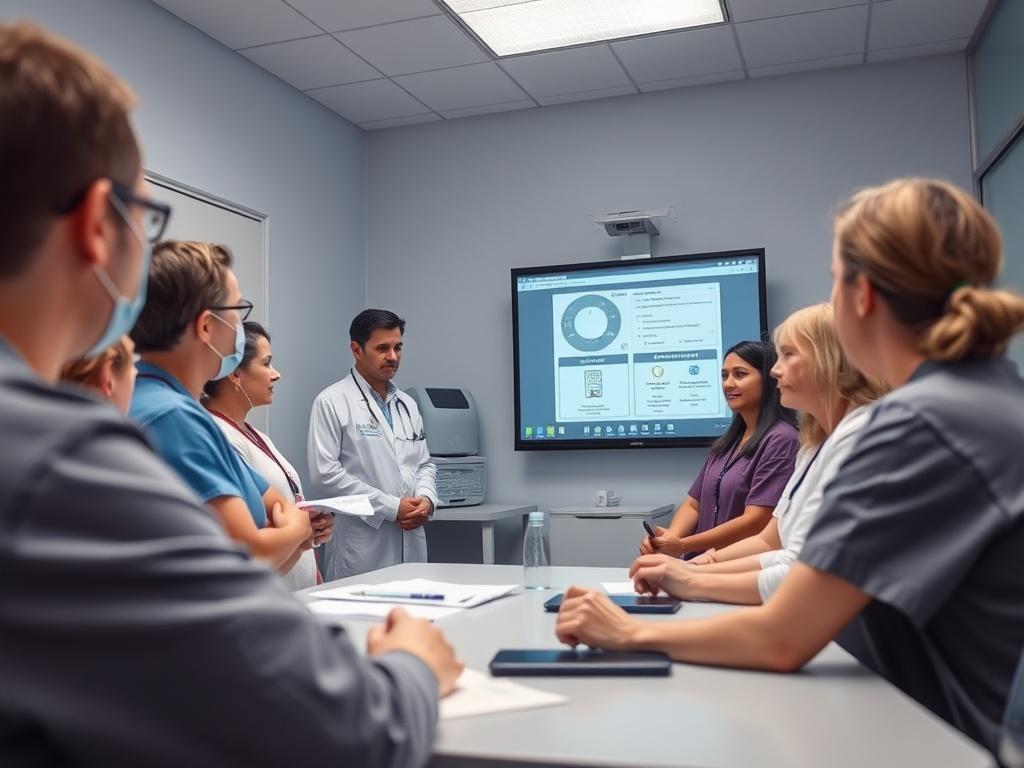 A training session in a hospital, with staff gathered around