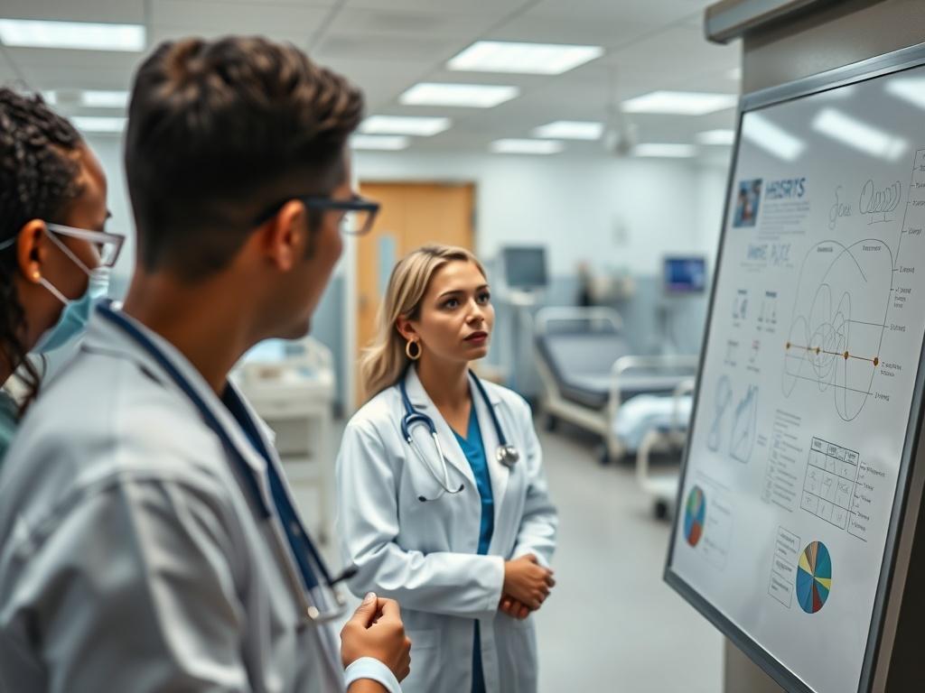 A healthcare professional discussing with a team in a hospital