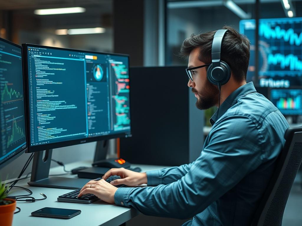A software developer working on a computer, with multiple screens