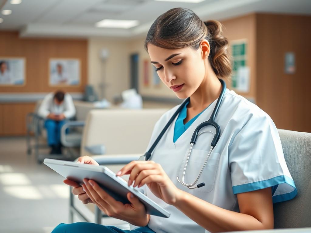 Create a realistic high-resolution photo that depicts a healthcare professional, a nurse or doctor, intently reviewing patient data on a digital tablet in a hospital waiting room. The subject should be the only focus of the image, positioned centrally and filling the frame. 

The background should include blurred elements of a typical hospital waiting room, such as soft seating, medical posters on the walls, or subtle hints of patients in the distance, without distracting from the main subject. Use natural 