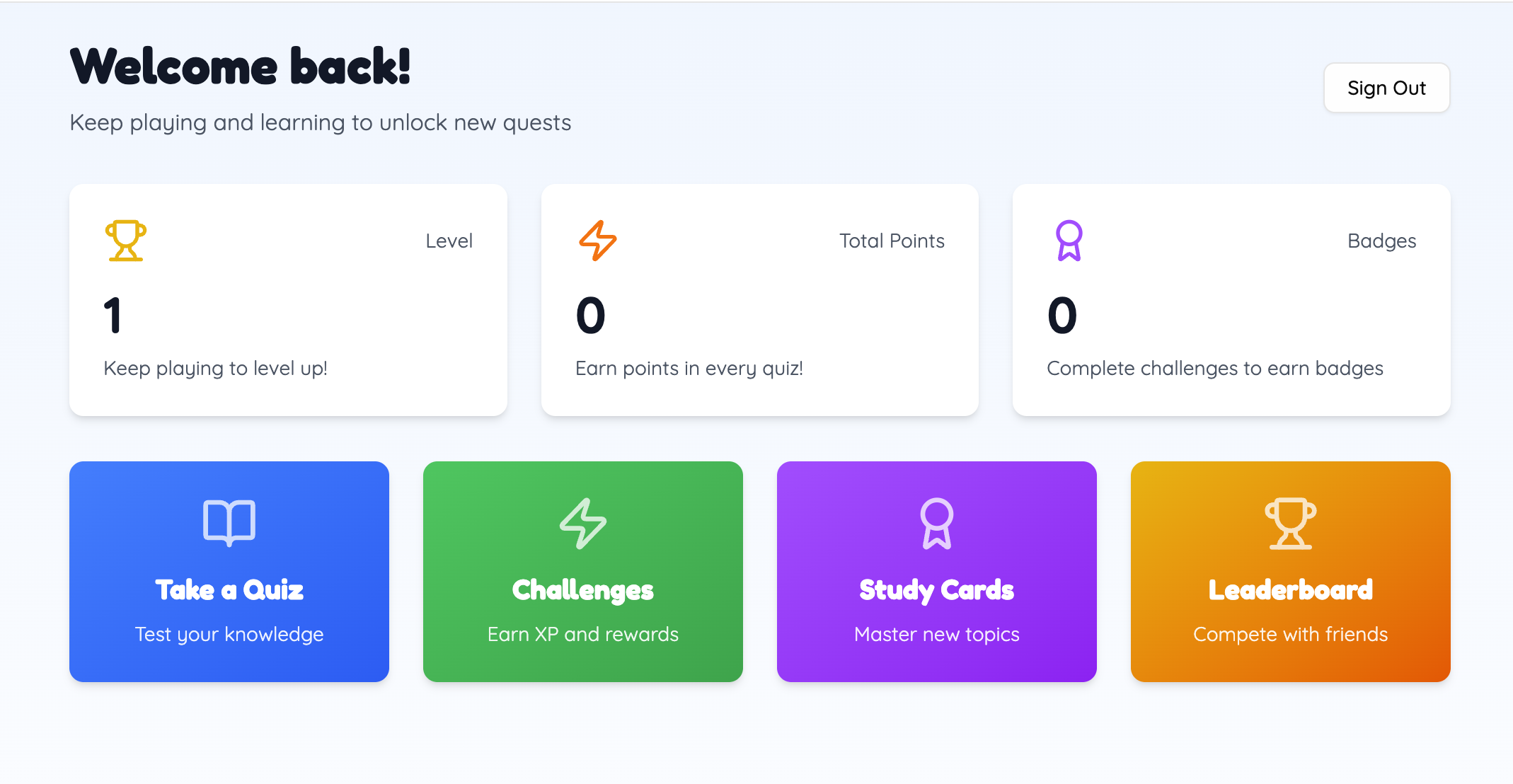 Progress tracking and rewards UI showing learner dashboard with stats