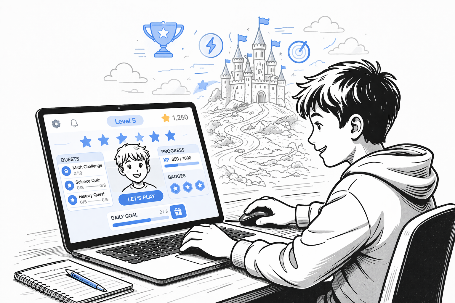 Bright Quest Game Dashboard with levels, badges, and avatar
