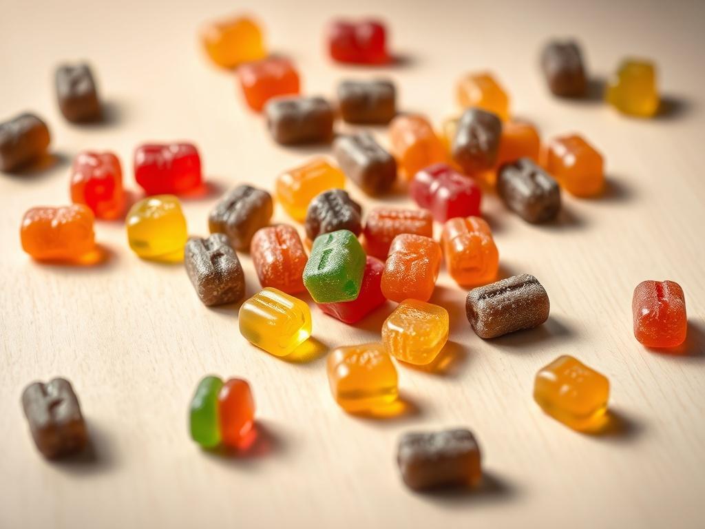 A realistic high resolution of colorful CBD gummies in various