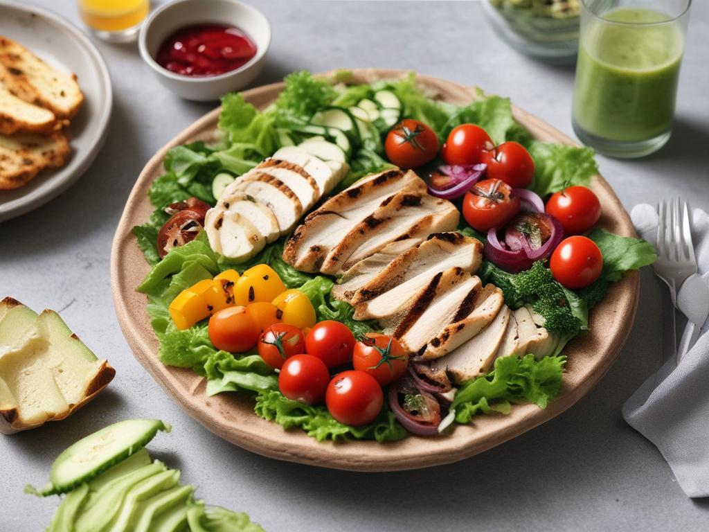 A beautifully arranged plate featuring a vibrant grilled chicken salad