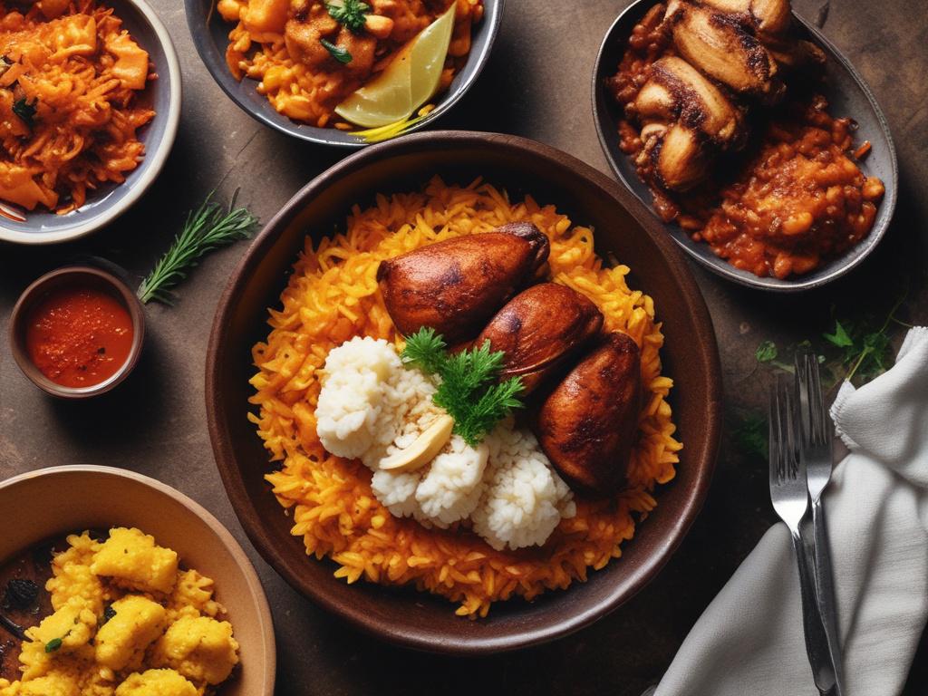 A vibrant plate of spicy jollof rice served with grilled