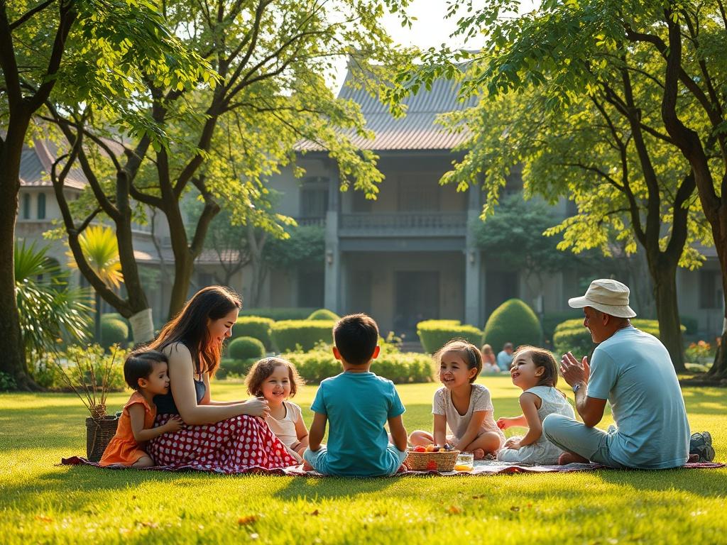 A serene and inviting scene of a family engaging in outdoor activities in a lush green park in Hoi An, Vietnam. The family members, including children and adults, are enjoying a picnic with a backdrop of traditional Vietnamese architecture. Soft sunlight filters through the trees, creating a warm and peaceful atmosphere. The image should evoke a sense of wellness and togetherness, reflecting the essence of an Edu-Travel program that combines learning and leisure.