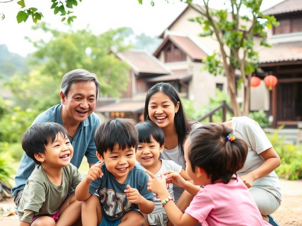 A joyful family participating in a camp activity in Hội An, Vietnam, surrounded by beautiful nature. The scene shows parents and children engaging in a fun group activity, with laughter and smiles. The background features lush greenery and traditional buildings, creating a warm and inviting atmosphere for family bonding.