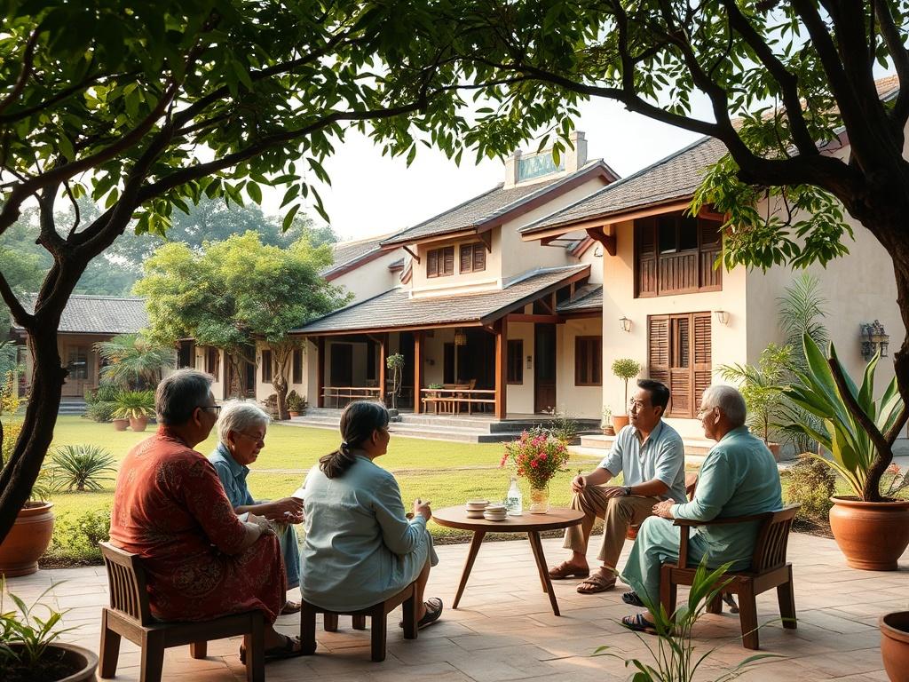 A serene outdoor setting in Hội An, Vietnam, featuring a peaceful landscape with lush greenery and traditional Vietnamese architecture in the background. A group of adult learners engaged in a language class under a shaded area. The atmosphere is warm and inviting, capturing the essence of a healing and educational experience.