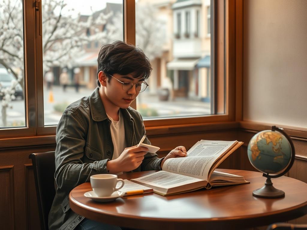 **Prompt for AI Image Generator:**

Create a realistic high-resolution photo that captures the essence of "Exploring the Harmony of Travel and Learning." The composition should be simple and clear, featuring a single subject: a young adult seated at a wooden table in a cozy café, immersed in reading an English language book. The individual, dressed casually yet stylishly, is visibly engaged and taking notes, portraying a sense of curiosity and enthusiasm for learning.

In the background, the café should hav