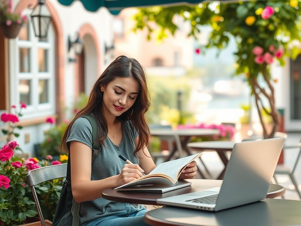 **Prompt for AI Image Generator:**

Create a realistic high-resolution photo that depicts a young woman sitting at a charming outdoor café in a picturesque travel destination. She is engaged in learning English, with a notebook open in front of her and a laptop beside her. The setting should feature vibrant greenery and colorful flowers in the background, adding a serene feel that evokes a peaceful atmosphere. The sun casts soft, gentle lighting, highlighting her focused expression as she writes down new vo