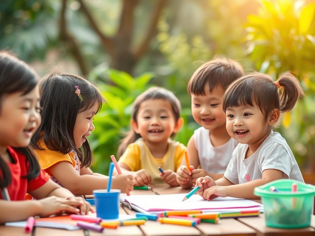 A group of children engaged in fun learning activities at a summer camp in Hội An, with bright smiles and colorful materials around them. The background should showcase lush greenery and a playful atmosphere, highlighting the joy of learning and friendship.