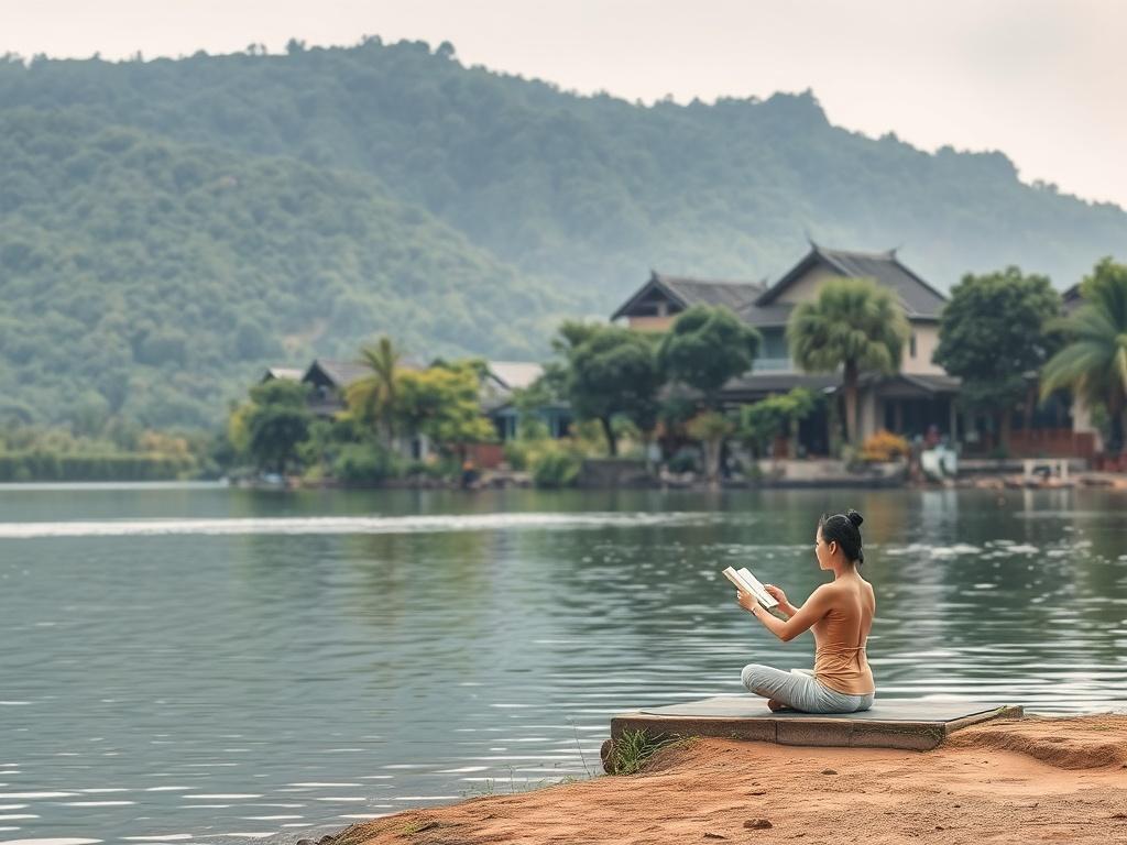 A serene landscape of Hội An, Vietnam, featuring lush greenery and tranquil waters, with a single person practicing yoga and reading a book by the water's edge. The image should convey a sense of peace and relaxation, with soft lighting and gentle tones.