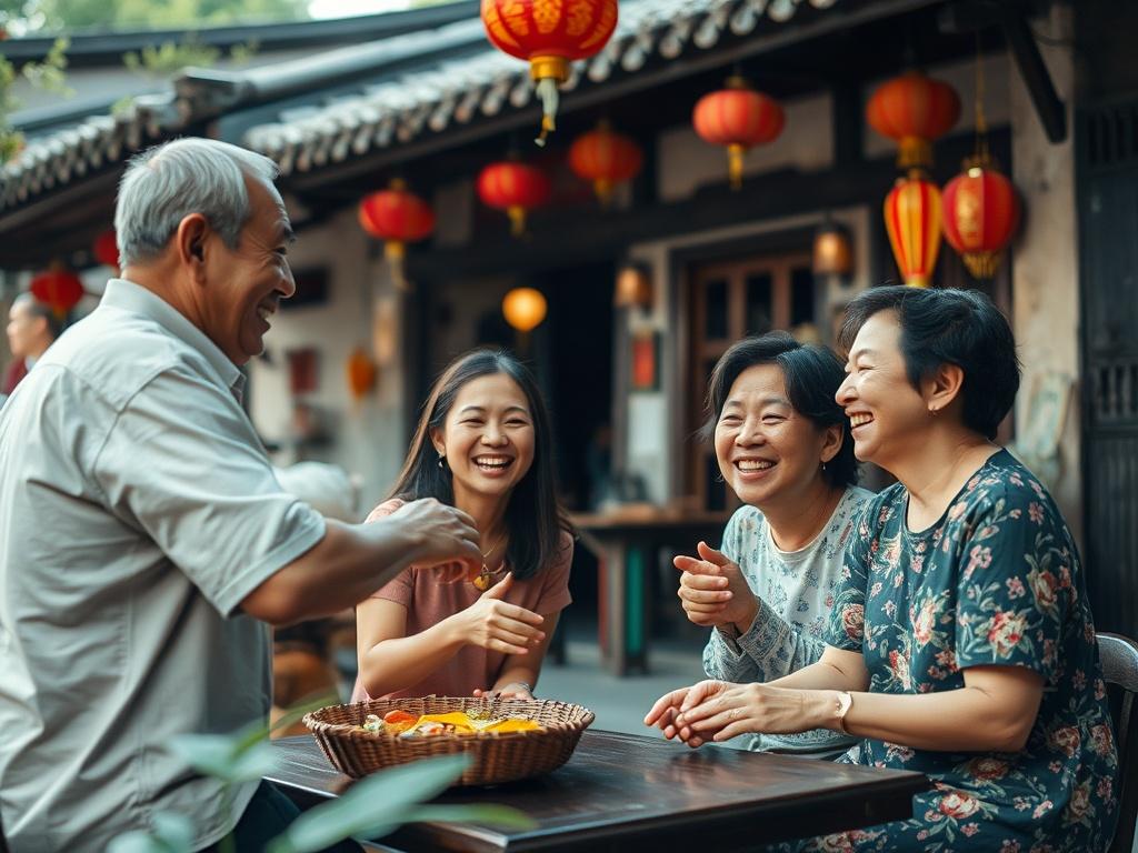A joyful family participating in a cultural activity in Hội An, surrounded by traditional Vietnamese architecture and vibrant decorations. The scene should depict laughter and bonding among family members, capturing the essence of togetherness and cultural exploration.