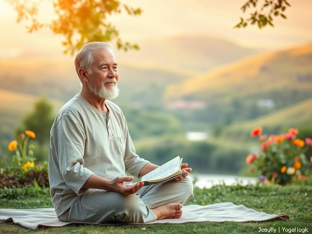 Create a realistic high-resolution photo that embodies the essence of a month-long living program for adult students, titled "성인 학생을 위한 한달살기 프로그램". The composition should be simple and clear, featuring a single adult student sitting in a tranquil outdoor setting that reflects the beauty of nature. 

The subject should be a middle-aged person, relaxed and engaged in a peaceful activity, such as reading a book or practicing yoga on a mat. They should have a serene expression, reflecting a sense of peace and h