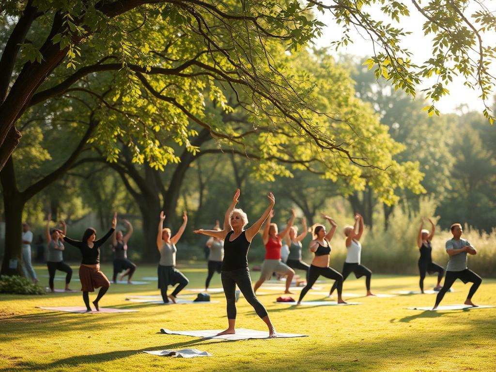 A tranquil outdoor setting showcasing participants engaged in a peaceful