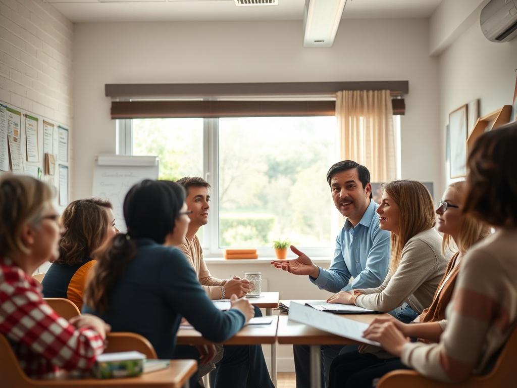 A serene classroom setting with a diverse group of adults