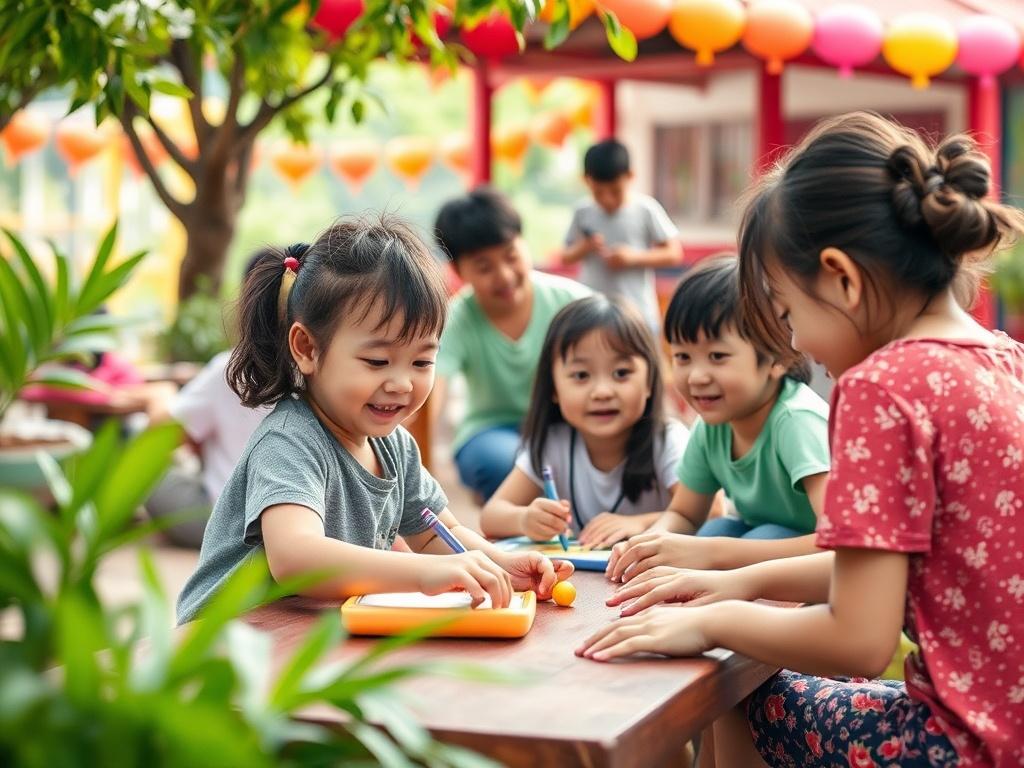 A vibrant junior camp scene featuring children engaged in educational