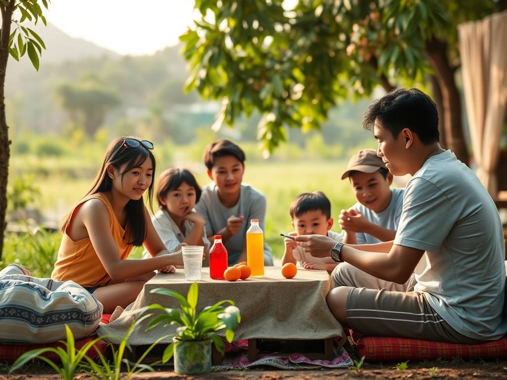 A serene family camp scene set in a beautiful resort