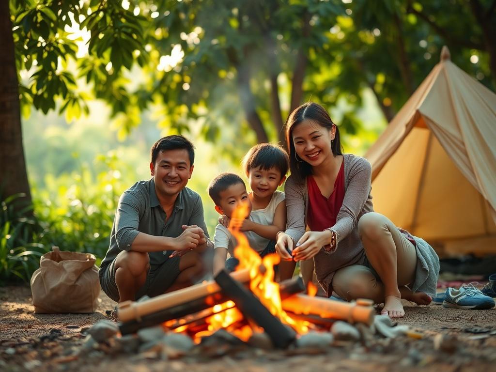 Create a realistic high-resolution photo that captures the essence of a memorable family camp experience in Hoi An. The image should feature a serene scene of a family of four—parents and two children—engaged in a joyful activity like building a campfire together. The composition should focus on the family as the central subject, with warm smiles and a sense of connection displayed among them. 

In the background, softly blurred, show lush greenery typical of Hoi An’s tropical landscape, with gentle sunligh