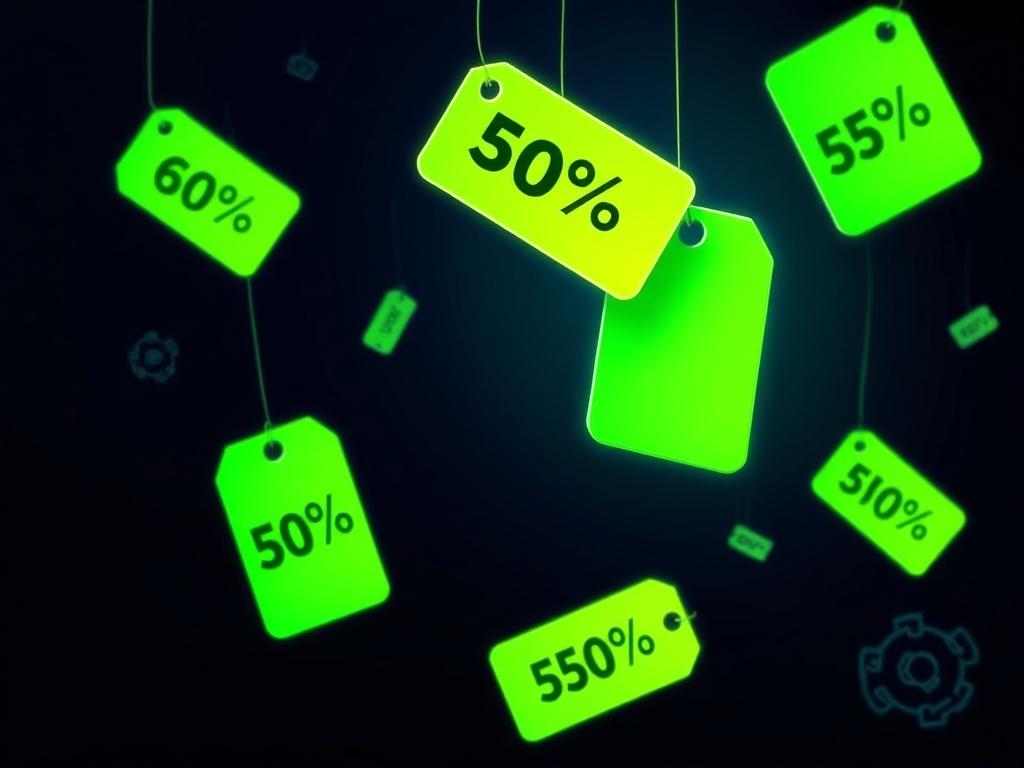 A vibrant promotional graphic featuring bright green discount tags floating against a deep navy background. The tags display enticing offers related to car parts, integrated with subtle silhouettes of car components, portraying a sense of urgency and exclusivity.