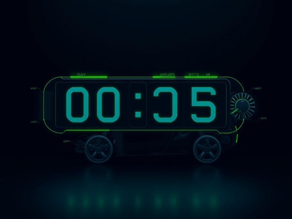 A sleek countdown timer set against a deep navy background, with bright green accents highlighting the numbers. The timer shows days, hours, and minutes left until launch, accompanied by silhouettes of car parts subtly integrated into the design, creating a high-tech atmosphere.