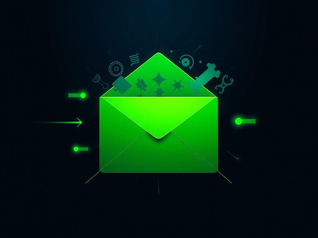 An eye-catching email notification graphic with a bright green envelope against a deep navy background. The envelope is partially open, with hints of car part silhouettes emerging, symbolizing the flow of information and community engagement.