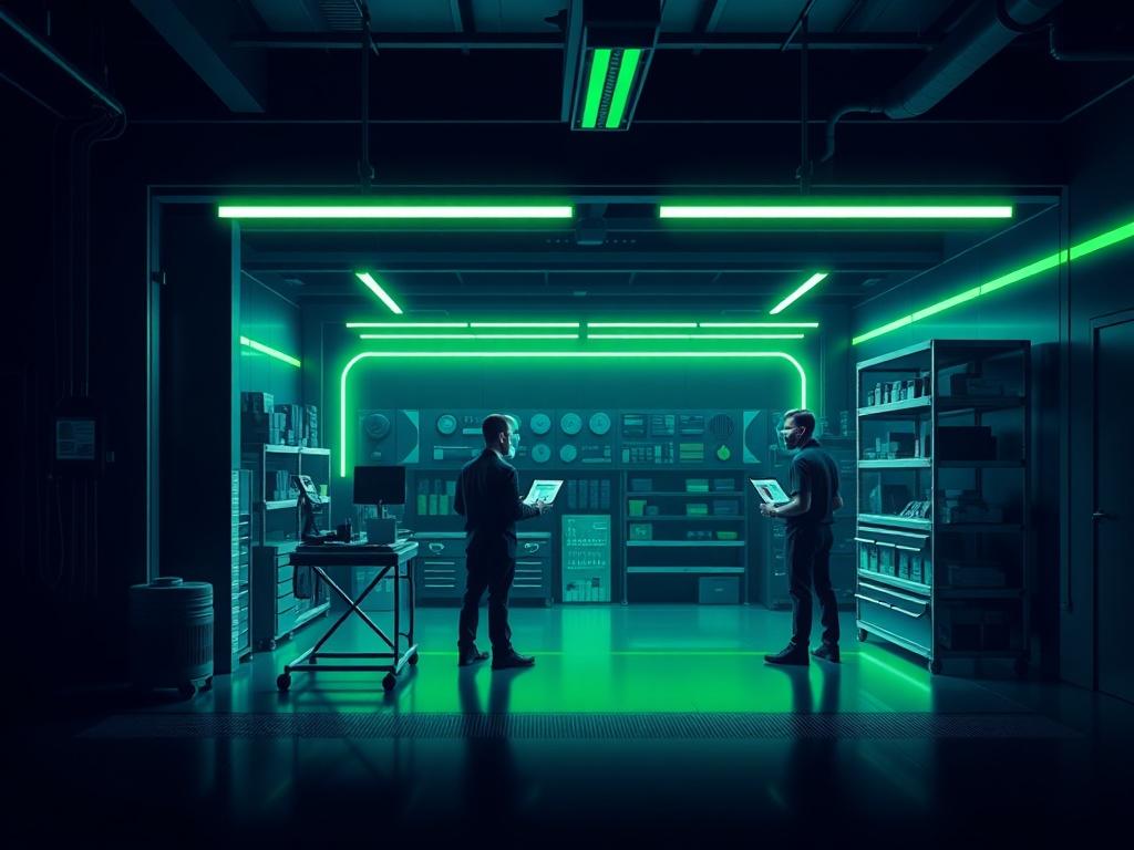 A sleek, futuristic image of a small garage with a team using digital tools for inventory management. The background is deep navy with bright green highlights, showcasing a sense of efficiency and modernity. The scene should emphasize teamwork and advanced technology.
