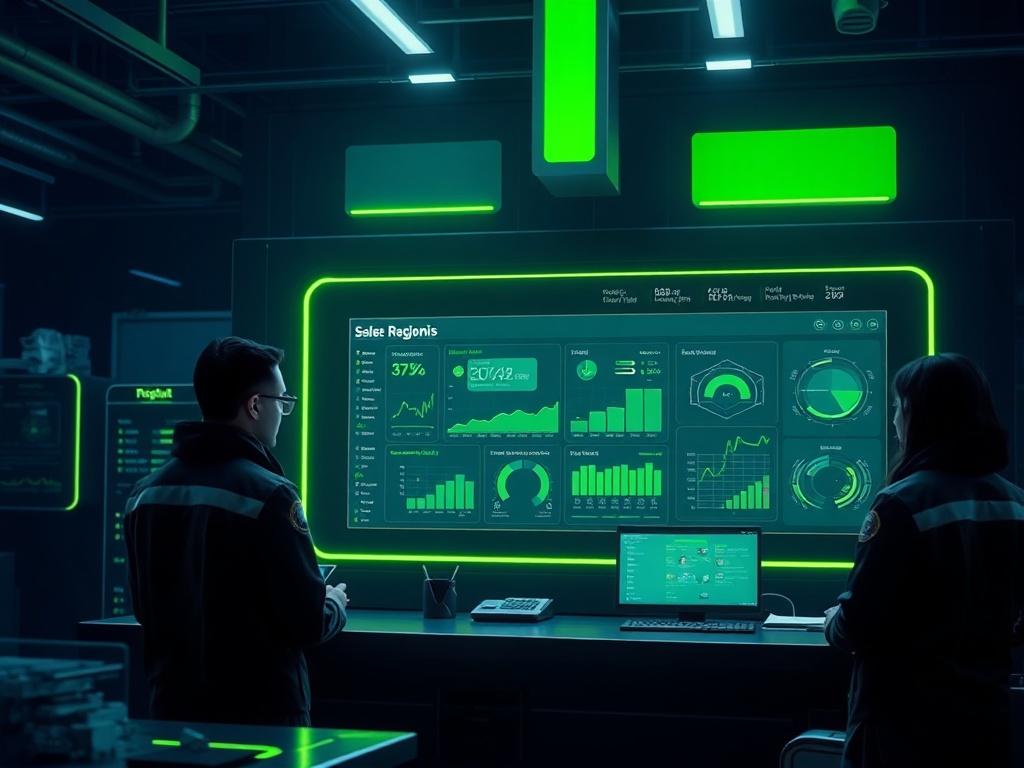 A high-resolution futuristic image of a regional breaker with a digital interface displaying sales statistics. The background is deep navy, with bright green accents highlighting the advanced technology. The focus should be on the dynamic interaction between staff and the digital dashboard.