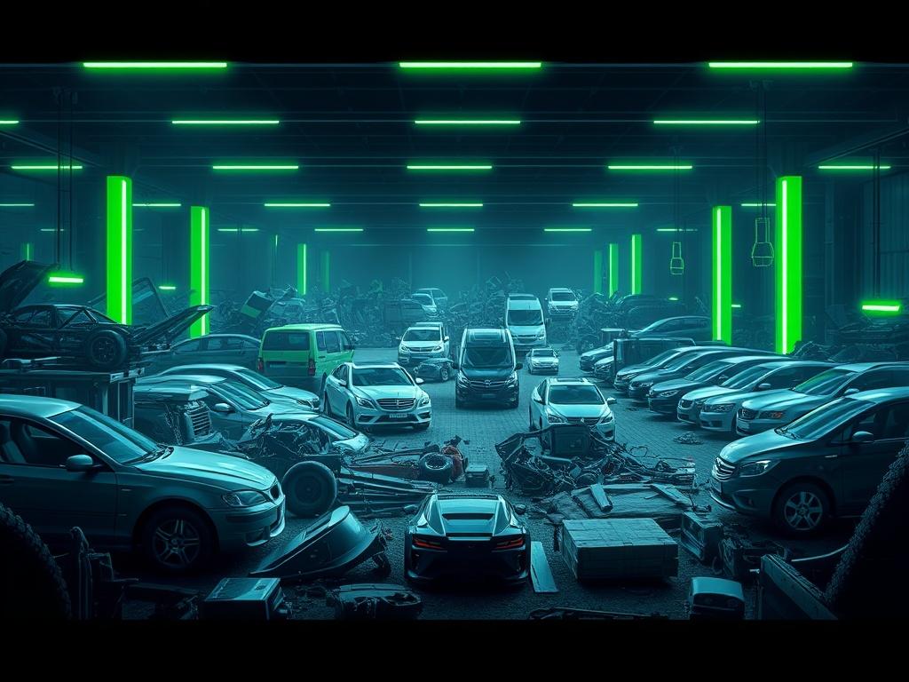 A futuristic rendering of a scrapyard with a digital overlay, showcasing various car parts. The background is deep navy with bright green accents, emphasizing a tech-driven atmosphere. The scene should depict a busy scrapyard with vehicles and parts, capturing the essence of sustainability and innovation.