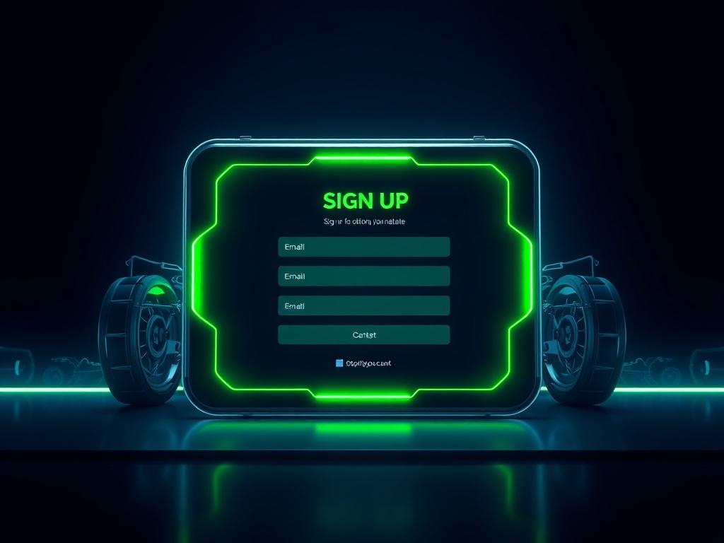 An inviting digital sign-up form displayed on a sleek and modern interface, set against a deep navy background. The form should feature bright green accents and fields for email input. Subtle silhouettes of car parts in the background to maintain the theme.