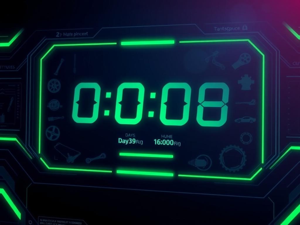 A sleek countdown timer displayed on a futuristic digital interface, with a deep navy background and bright green accents. The timer should show days, hours, minutes, and seconds remaining until launch. Subtle car part silhouettes should be included around the timer to illustrate the theme of the marketplace.
